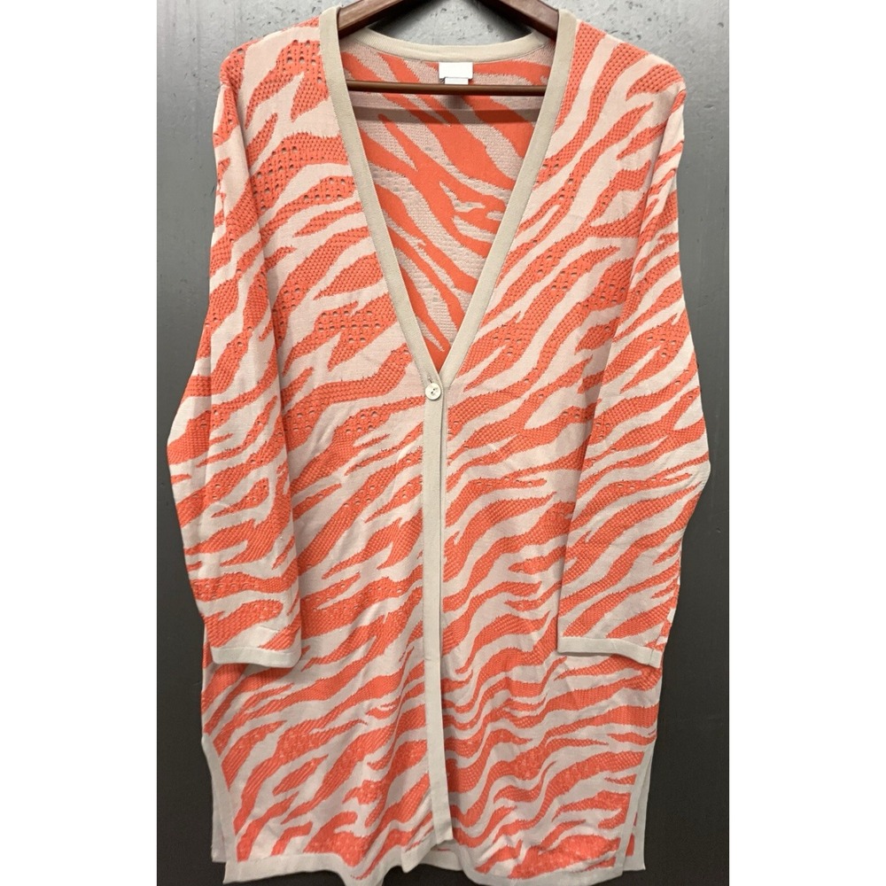 Chicos Sweater 3 US XL Orange Beige Zebra Animal Long Cardigan Stretchy Artsy - Picture 1 of 10